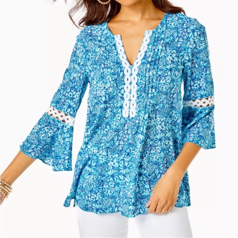 Lilly Pulitzer Blue & White Floral Print Peasant Style Blouse Top Size Small